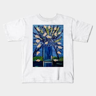 Blue flowers bouquet in a metallic glass vase Kids T-Shirt